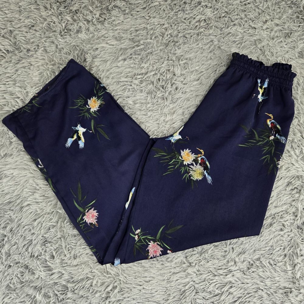 Zara Navy Wide-Leg Pants with Tropical Bird Print